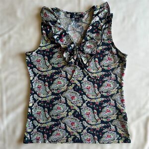 Chaps Ralph Lauren Navy Paisley V Neck Tank W/ Ruffles &‎ Bow Sz S Artsy Preppy